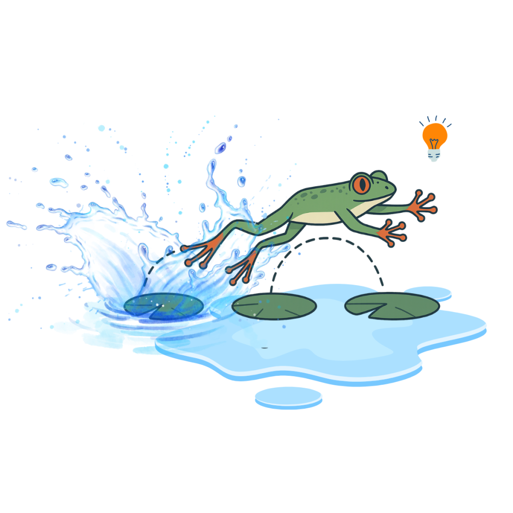 “Red-eyed tree frog leaping across lily pads labeled Hop, Jump, Leap – visual metaphor for lead generation funnel.”